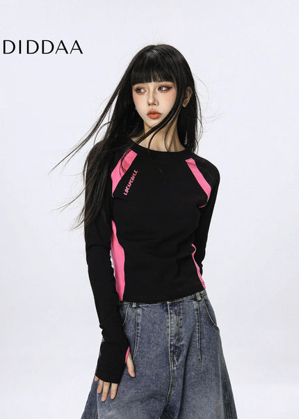 CTB Beer Captain American casual sports splicing hot girls long sleeve T-shirt women’s short slim slim top trend