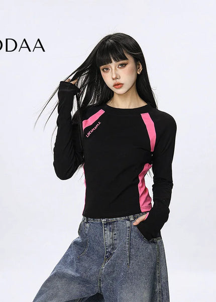 CTB Beer Captain American casual sports splicing hot girls long sleeve T-shirt women’s short slim slim top trend - S