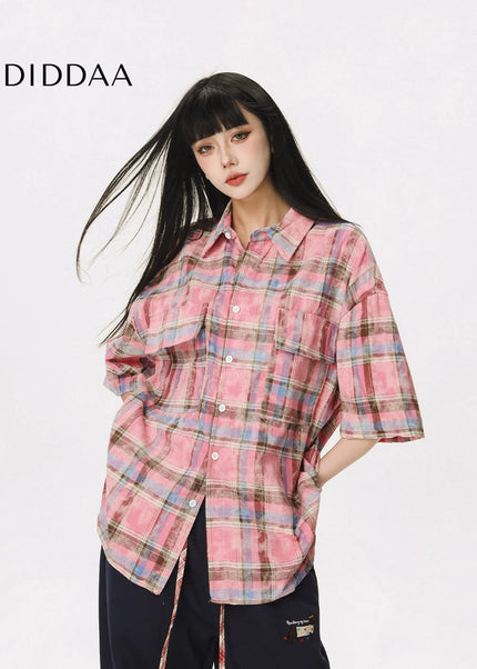 CTB Beer Captain American fashion brand design sense niche plaid shirt women’s short sleeve summer new retro top