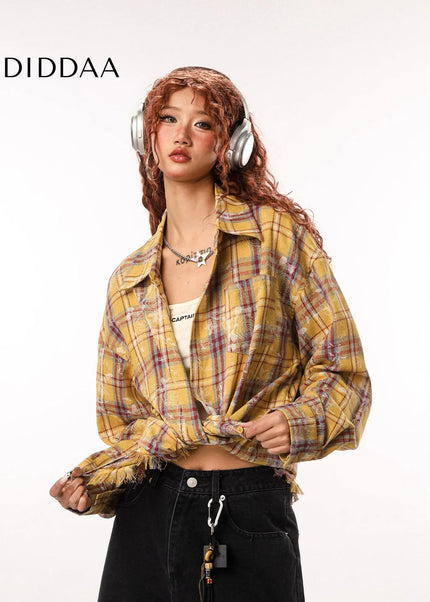 CTB Beer Captain American high street retro raw-edged plaid shirt women’s design sense niche long-sleeved trendy brand