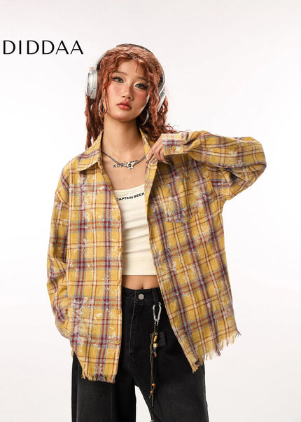 CTB Beer Captain American high street retro raw-edged plaid shirt women’s design sense niche long-sleeved trendy brand