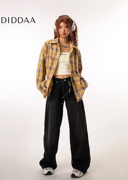CTB Beer Captain American high street retro raw-edged plaid shirt women’s design sense niche long-sleeved trendy brand