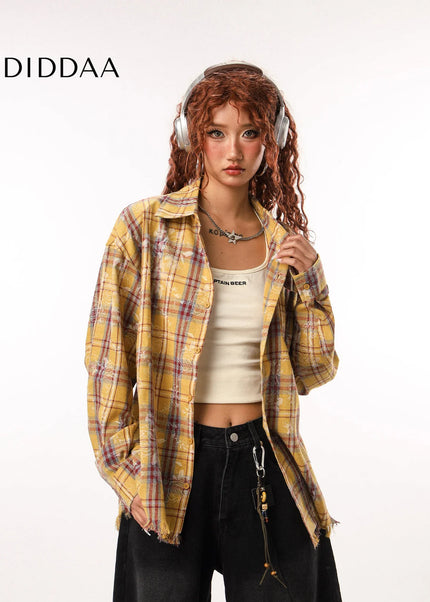 CTB Beer Captain American high street retro raw-edged plaid shirt women’s design sense niche long-sleeved trendy brand