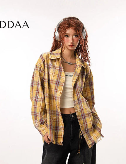 CTB Beer Captain American high street retro raw-edged plaid shirt women’s design sense niche long-sleeved trendy brand