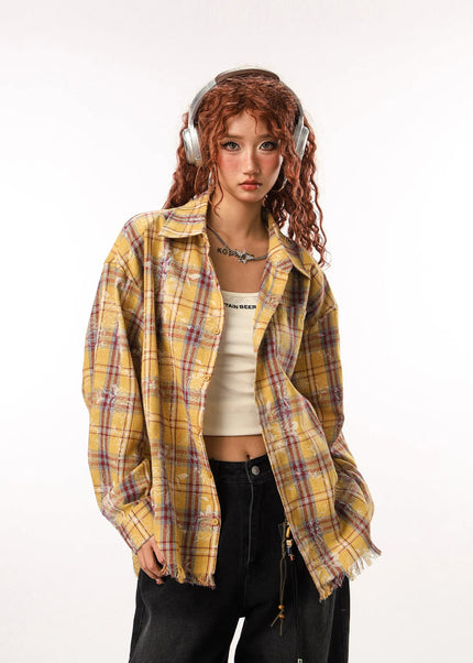 CTB Beer Captain American high street retro raw-edged plaid shirt women’s design sense niche long-sleeved trendy brand