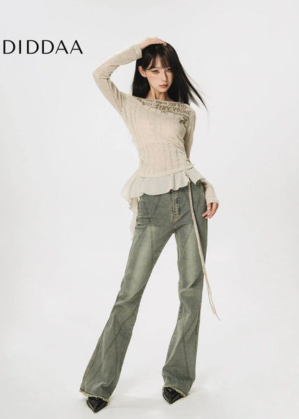 CTB Beer Captain American slim waist ruffled long sleeve T-shirt women’s design sense niche irregular top - Women’s
