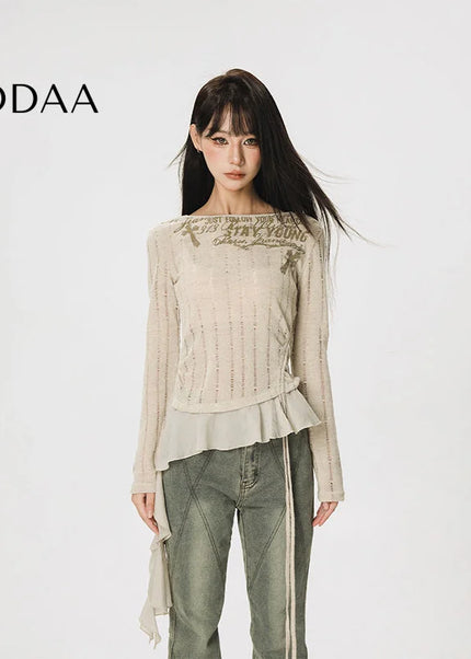 CTB Beer Captain American slim waist ruffled long sleeve T-shirt women’s design sense niche irregular top - S / Khaki