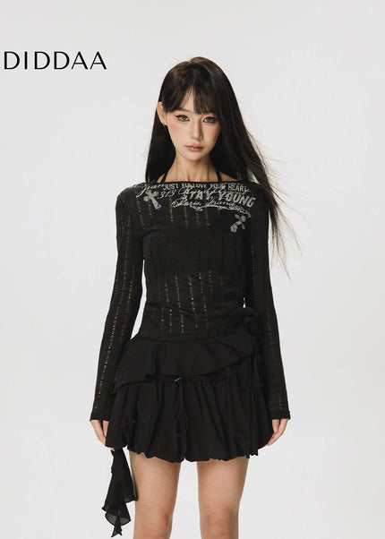 CTB Beer Captain American slim waist ruffled long sleeve T-shirt women’s design sense niche irregular top - Women’s