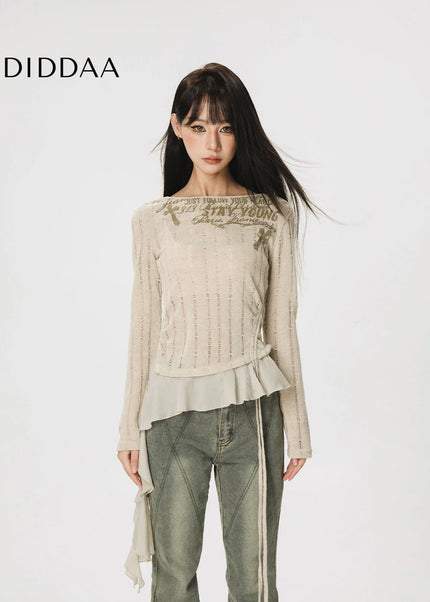 CTB Beer Captain American slim waist ruffled long sleeve T-shirt women’s design sense niche irregular top - Women’s