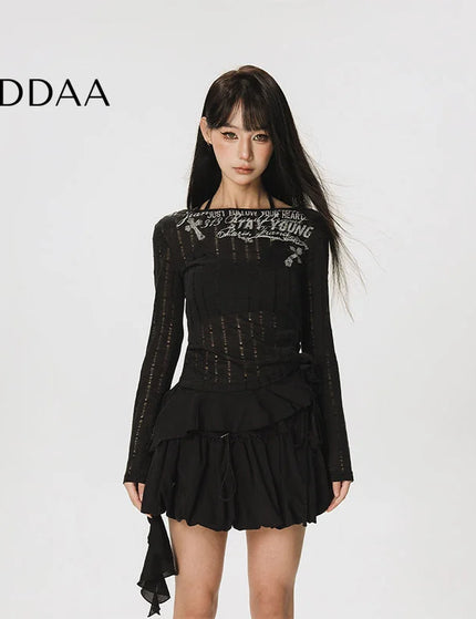 CTB Beer Captain American slim waist ruffled long sleeve T-shirt women’s design sense niche irregular top - S / Black