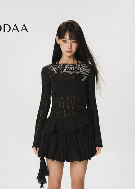 CTB Beer Captain American slim waist ruffled long sleeve T-shirt women’s design sense niche irregular top - S / Black