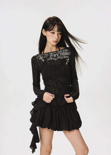 CTB Beer Captain American slim waist ruffled long sleeve T-shirt women’s design sense niche irregular top - Women’s