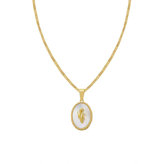 Marka French retro ins versatile design jewelry women's titanium steel plated 18k gold tulip white mother-of-pearl necklace