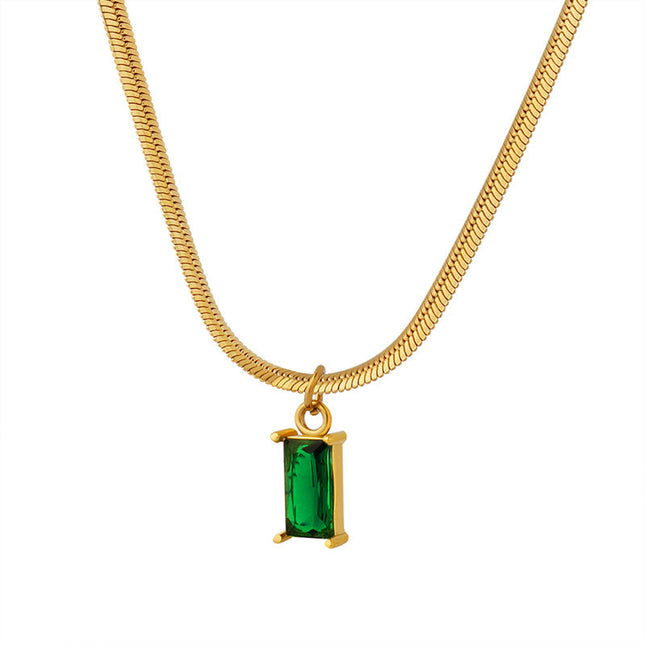 Japanese and Korean style niche design sense titanium steel gold-plated snake bone chain retro style light luxury emerald zircon pendant necklace