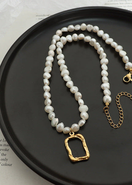 French non-fading, irregular oval, freshwater pearl chain, titanium steel, personality, geometric clavicle necklace, ornaments, women