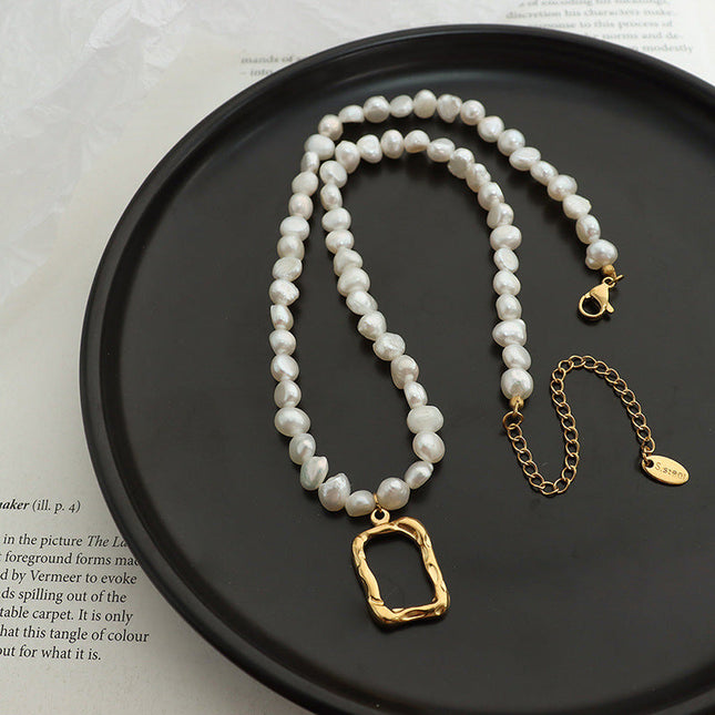French non-fading, irregular oval, freshwater pearl chain, titanium steel, personality, geometric clavicle necklace, ornaments, women