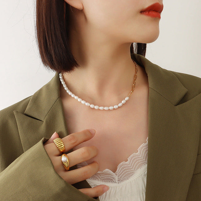 French style fashion versatile necklace freshwater pearl stitching necklace women's titanium steel plated 18K real gold clavicle chain P582