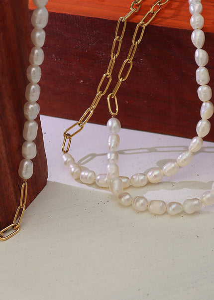 French style fashion versatile necklace freshwater pearl stitching necklace women's titanium steel plated 18K real gold clavicle chain P582