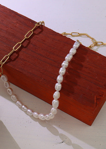 French style fashion versatile necklace freshwater pearl stitching necklace women's titanium steel plated 18K real gold clavicle chain P582
