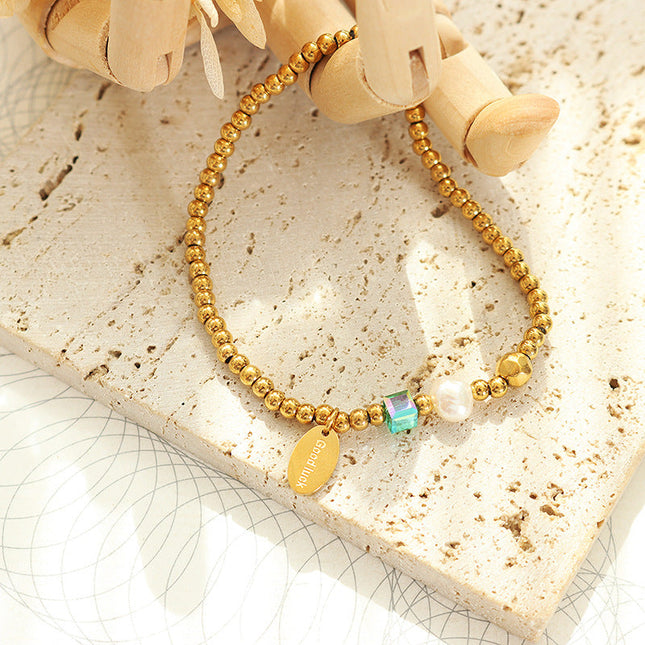 Autumn and winter fashion personality design, Korean versatile, freshwater pearl splicing, round steel beads, bracelets, square stone bracelets, women