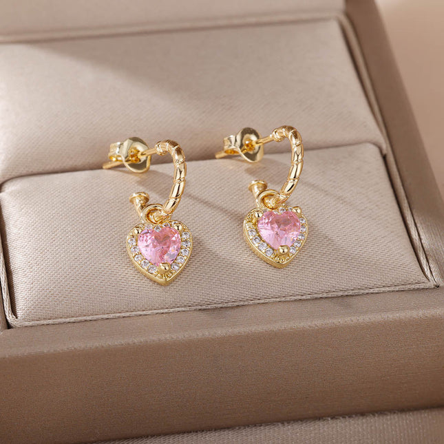 House of Shakespeare Pink 14K Gold Plated, Zirconia Earrings Dangle Earrings | Gold Zirconia Small Heart Stud Earrings