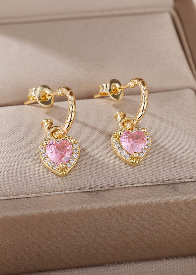House of Shakespeare Pink 14K Gold Plated, Zirconia Earrings Dangle Earrings | Gold Zirconia Small Heart Stud Earrings