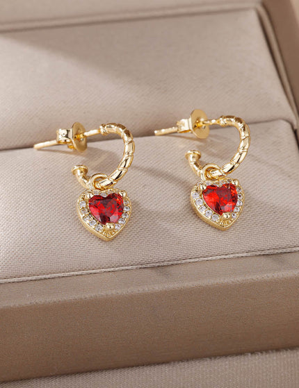 House of Shakespeare Red 14K Gold Plated, Zirconia Earrings Dangle Earrings | Gold Zirconia Small Heart Stud Earrings