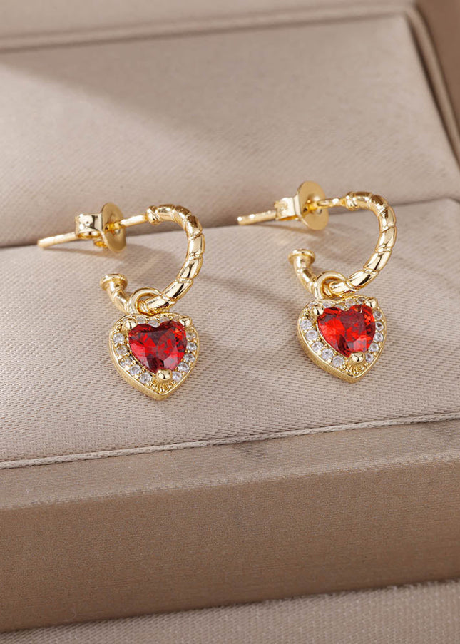 House of Shakespeare Red 14K Gold Plated, Zirconia Earrings Dangle Earrings | Gold Zirconia Small Heart Stud Earrings