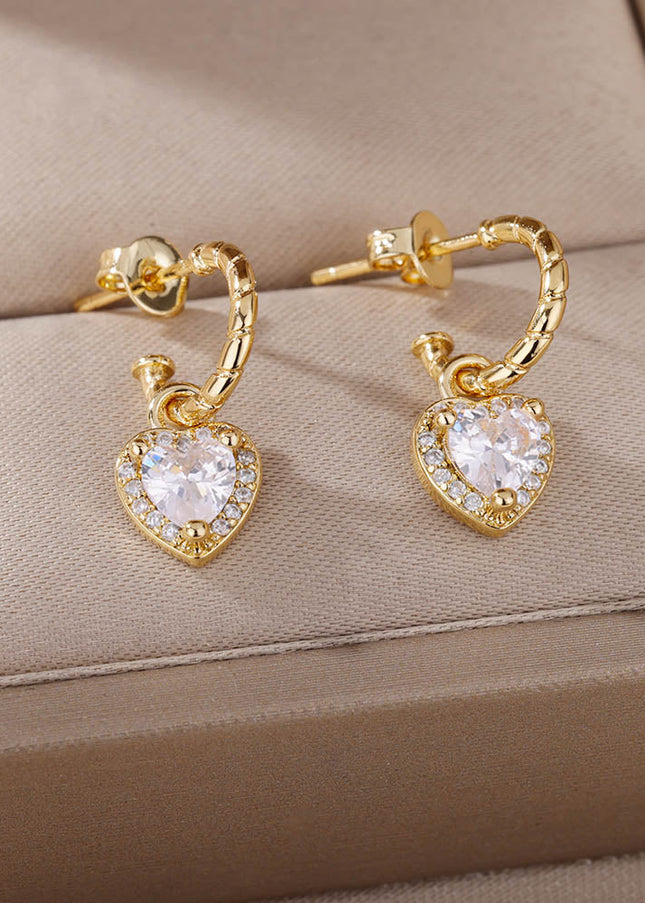 House of Shakespeare White 14K Gold Plated, Zirconia Earrings Dangle Earrings | Gold Zirconia Small Heart Stud Earrings