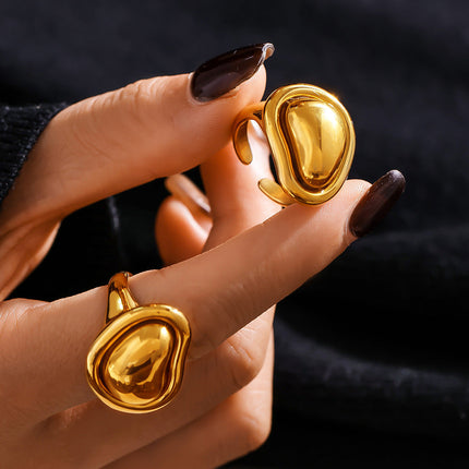 INS style special-shaped small gold bean ring, titanium steel, plated 18K gold, open casting, Internet celebrity hot selling adjustable ring