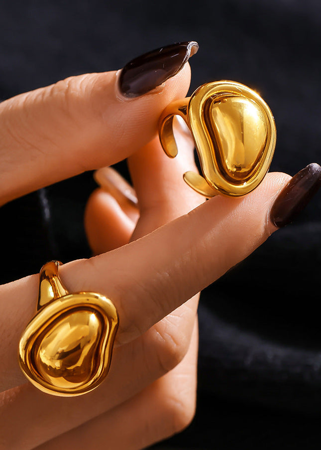 INS style special-shaped small gold bean ring, titanium steel, plated 18K gold, open casting, Internet celebrity hot selling adjustable ring