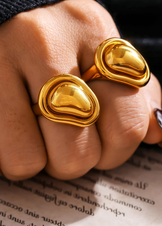 INS style special-shaped small gold bean ring, titanium steel, plated 18K gold, open casting, Internet celebrity hot selling adjustable ring