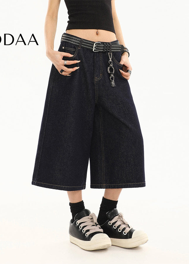 Dark blue cropped jeans women’s summer new loose wide-leg shorts American retro high-waisted straight mid pants - S