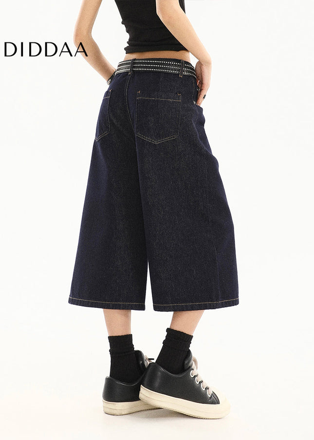 Dark blue cropped jeans women’s summer new loose wide-leg shorts American retro high-waisted straight mid pants