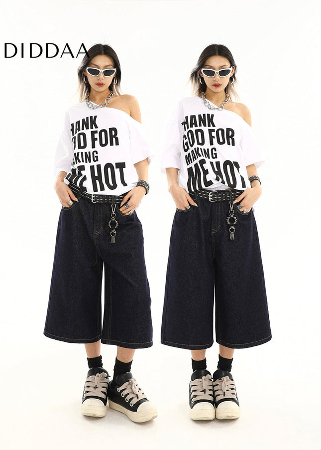 Dark blue cropped jeans women’s summer new loose wide-leg shorts American retro high-waisted straight mid pants