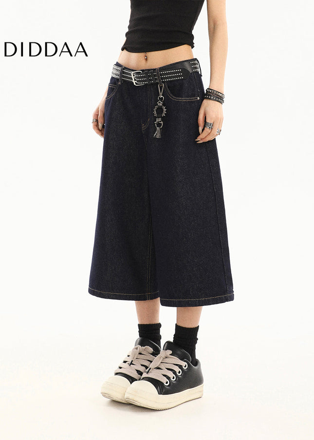 Dark blue cropped jeans women’s summer new loose wide-leg shorts American retro high-waisted straight mid pants