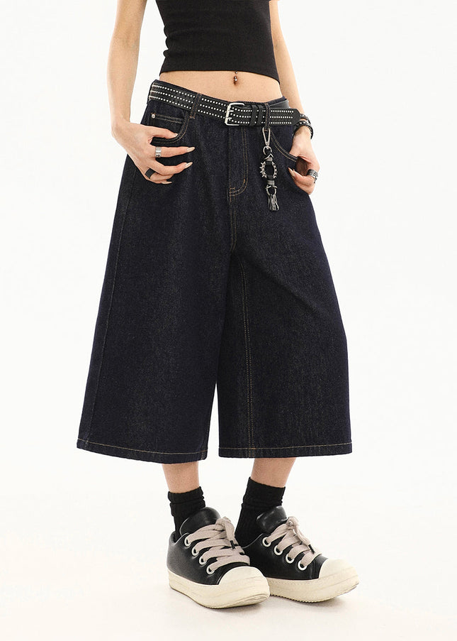 Dark blue cropped jeans women’s summer new loose wide-leg shorts American retro high-waisted straight mid pants
