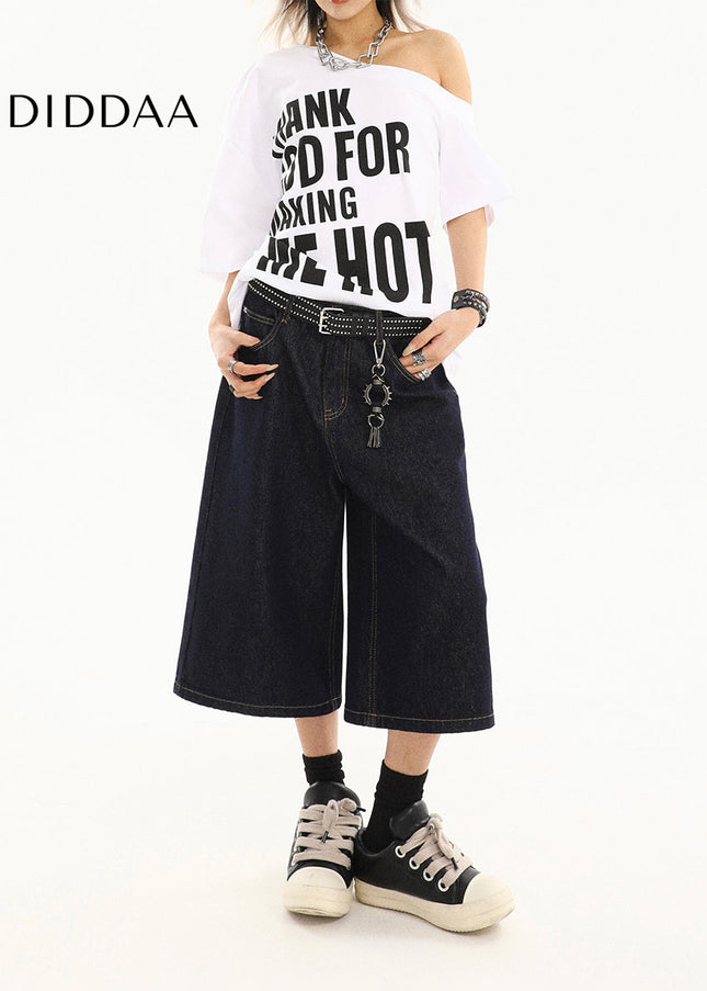 Dark blue cropped jeans women’s summer new loose wide-leg shorts American retro high-waisted straight mid pants