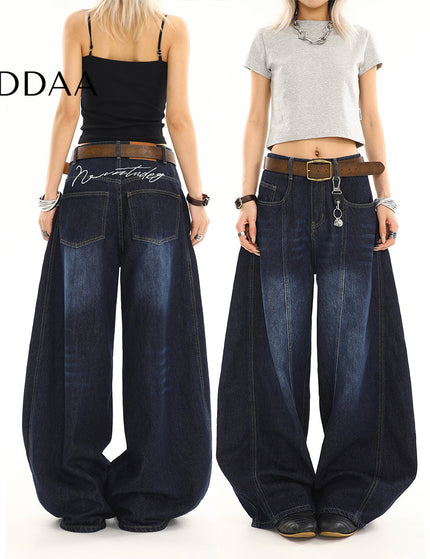 Dark Blue Distressed Loose Wide Leg Scimitar Jeans - S / Dark Blue - Women’s Jeans