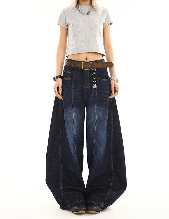 Dark Blue Distressed Loose Wide Leg Scimitar Jeans - Women’s Jeans