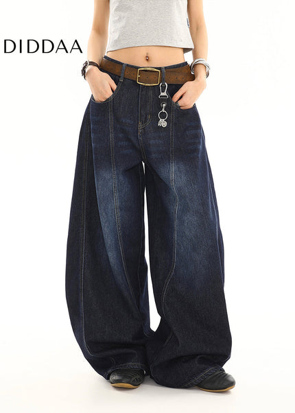 Dark Blue Distressed Loose Wide Leg Scimitar Jeans - Women’s Jeans