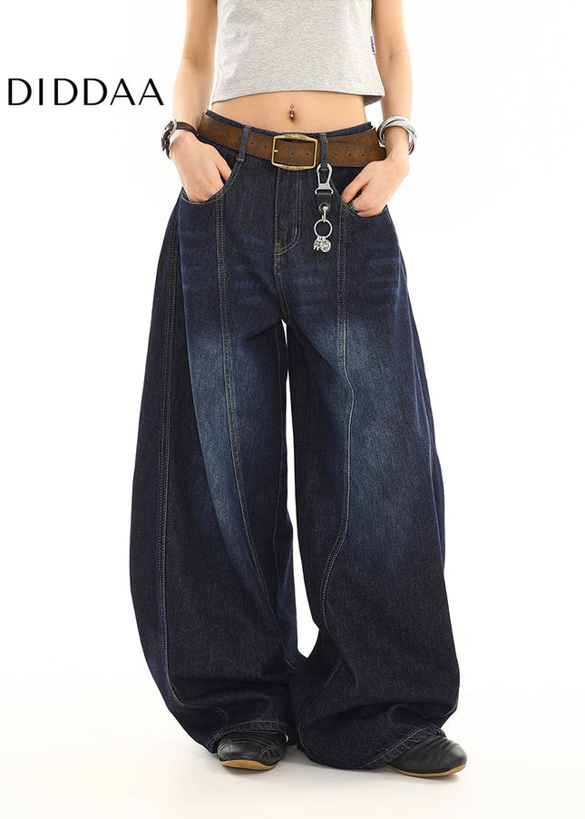 Dark Blue Distressed Loose Wide Leg Scimitar Jeans - Women’s Jeans