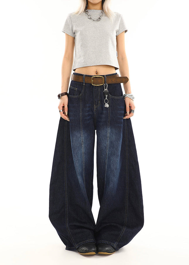 Dark Blue Distressed Loose Wide Leg Scimitar Jeans - Women’s Jeans