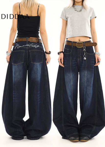 Dark Blue Distressed Loose Wide Leg Scimitar Jeans - Women’s Jeans