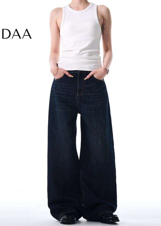 Dark Blue Distressed Wide Leg Jeans for Men and Women - S / Dark Blue - Men’s Jeans