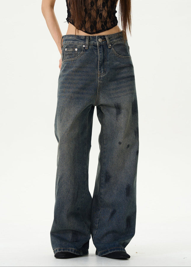 Dark Blue Graffiti Loose Jeans for Trendy Couples - Women’s Jeans