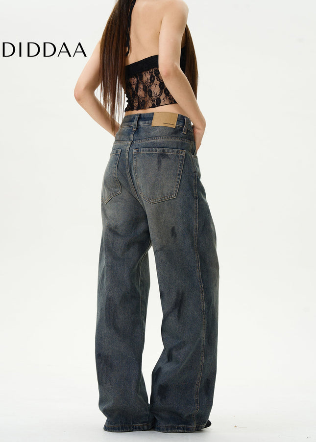 Dark Blue Graffiti Loose Jeans for Trendy Couples - Women’s Jeans