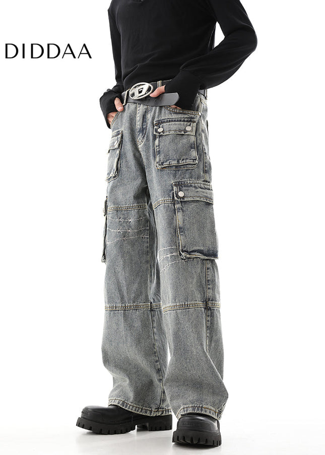 Dark Blue Heavy Industry Embroidery Cargo Jeans - Men’s Jeans
