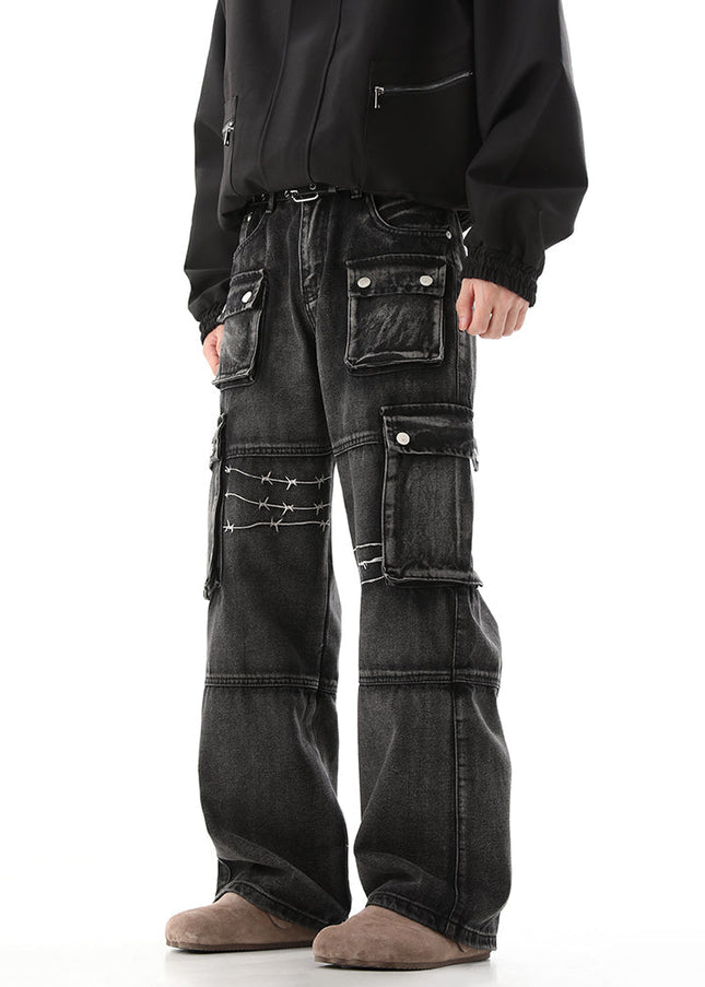 Dark Blue Heavy Industry Embroidery Cargo Jeans - Men’s Jeans