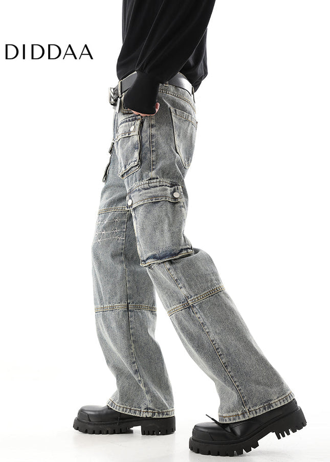Dark Blue Heavy Industry Embroidery Cargo Jeans - Men’s Jeans